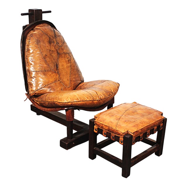 Brutalist Oak Lounge Chair and Ottoman, 1970s, Set of 2 For Sale