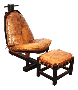 Brutalist Oak Lounge Chair and Ottoman, 1970s, Set of 2
