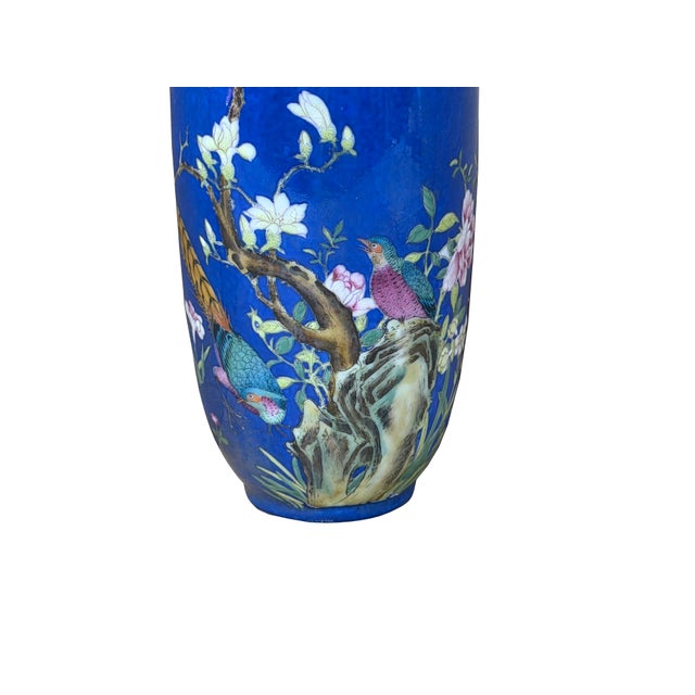 8" Vintage Bright Cobalt Blue Flower Bird Enamel Porcelain Art Vase For Sale - Image 10 of 13