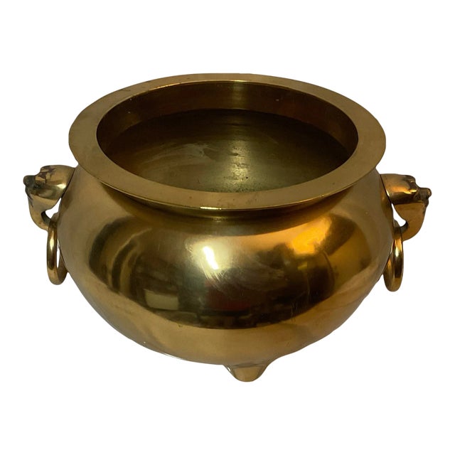 Early 20th Century Brass Cauldron Planter With Brass Rings & Asian Tengu Heads For Sale