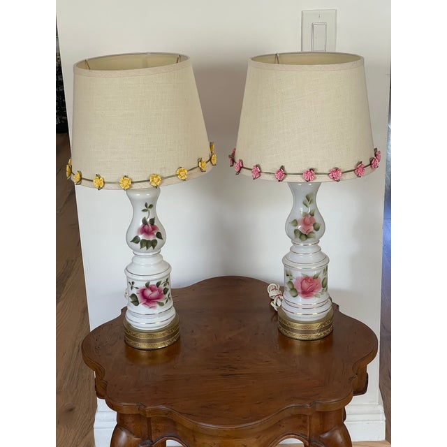 Pair of 1910s Victorian Milk Glass Lamps With Roses For Sale - Image 4 of 9