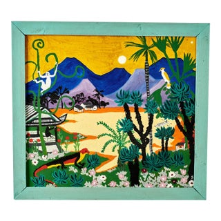 Vintage Tropical Naive Painting With Palm Trees and Monkeys by Sylvia Bucchi For Sale