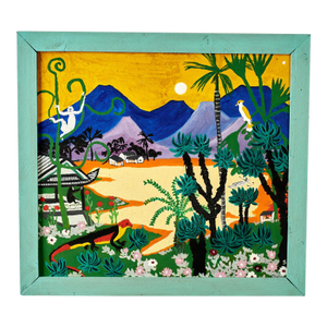 Vintage Tropical Naive Painting With Palm Trees and Monkeys by Sylvia Bucchi