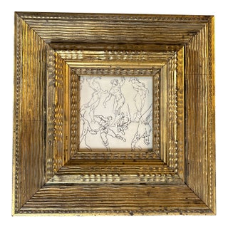 1940’s Original Abstract Life Study Ink Drawing Chunky Carved Wood Frame For Sale