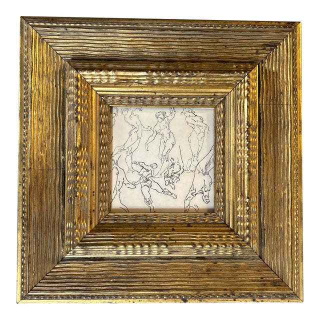 1940’s Original Abstract Life Study Ink Drawing Chunky Carved Wood Frame For Sale
