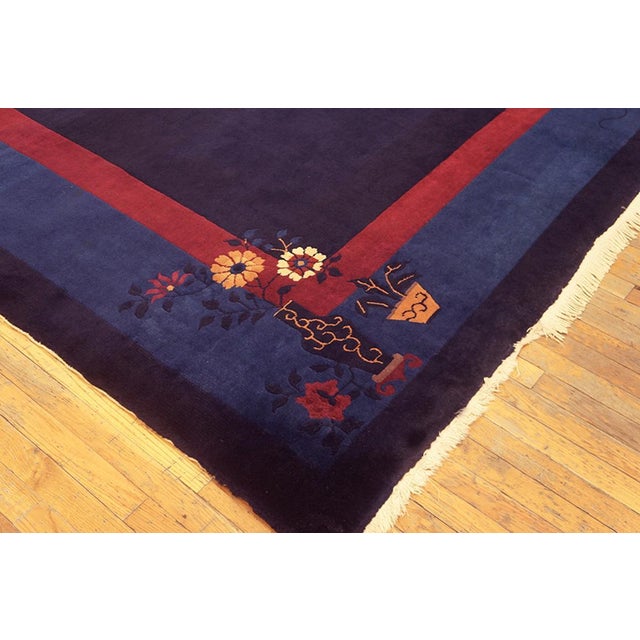 Textile 1930s Dark Blue Floral Antique Peking Rug 11' X 15' Handknotted Wool Carpet For Sale - Image 7 of 10