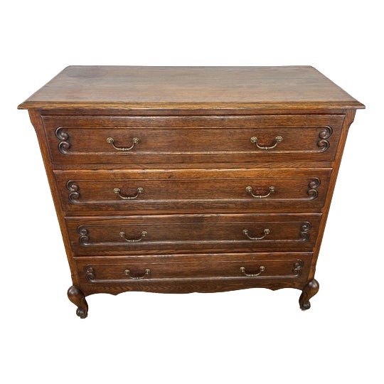 Vintage French Louis Carved Oak Chest of 4 Drawers For Sale