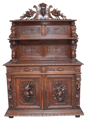 Antique Carved Oak Buffet, 1880, Set of 3