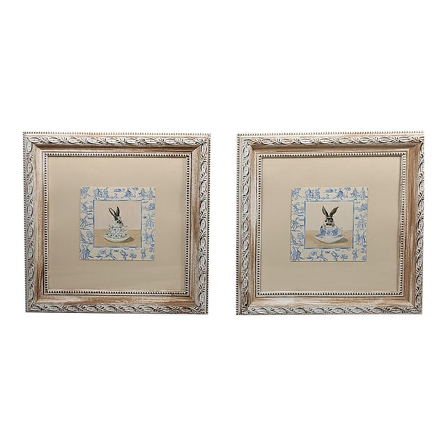 Late 20th Century Kari Phillips Teacup Bunny Series Framed Prints, White, Blue & Light Brown – Pair For Sale