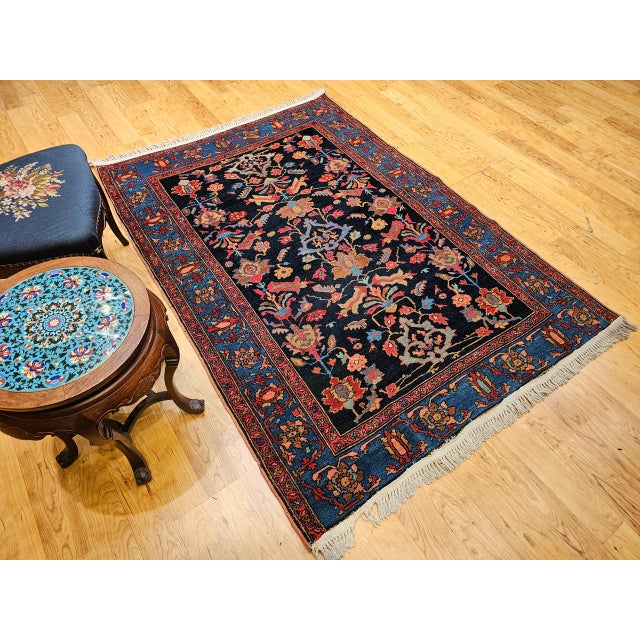 Black Antique Persian Malayer Rug, Hand-Knotted Wool, Geometric Pattern, 5x7, Navy and Green For Sale - Image 8 of 16