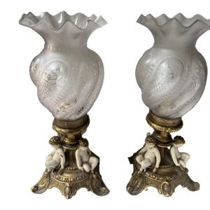 1920s Art Nouveau Style Boudoir Cherub Lamps With Original Glass Globe - a Pair