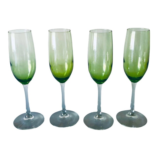 1970s Mid-Century Clear & Olive Green Champagne Glasses S/4 - Set of 4 For Sale