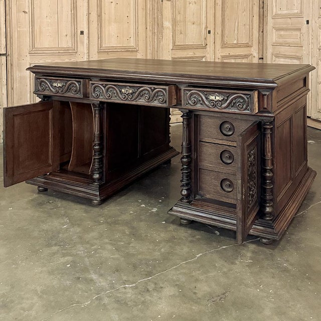 Antique French Neoclassical Henri II Oak Partner's Desk For Sale - Image 11 of 14