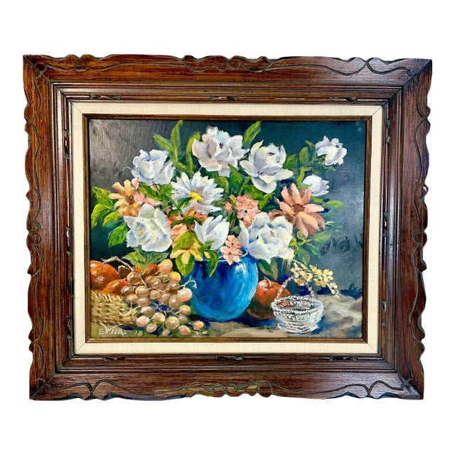 1960s Original Oil Painting Impressionist Blue Vase Still Life by Edith Weir. For Sale
