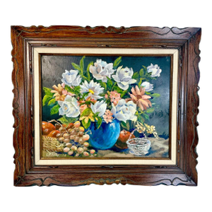 1960s Original Oil Painting Impressionist Blue Vase Still Life by Edith Weir.