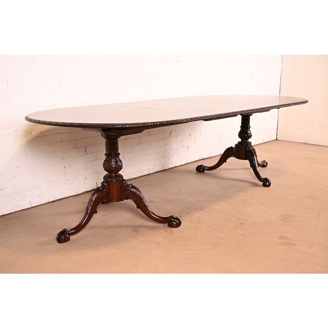 Baker Furniture Company 19th Century Antique Georgian Carved Mahogany Double Pedestal Extension Dining Table, Newly Refinished For Sale - Image 4 of 13