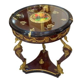 1990s French Style Wood Side Table With Glass Top, Gold Leaf Details For Sale