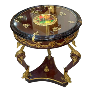 1990s French Style Wood Side Table With Glass Top, Gold Leaf Details