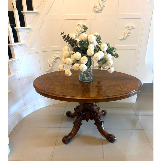 Antique Victorian Burr Walnut Carved Centre Table, 1860 For Sale - Image 3 of 15
