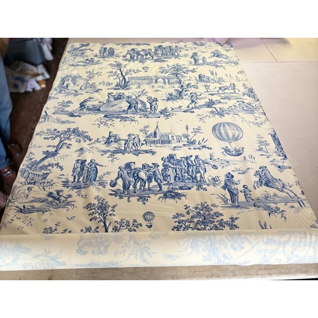 1980s Vintage Approximately 10 Yards of Cream and Blue Toile Fabric. For Sale - Image 5 of 6
