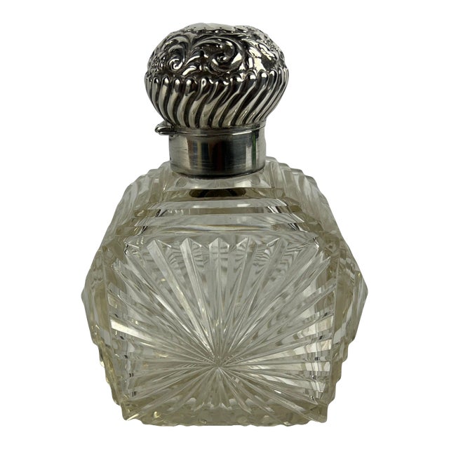 Unusual British Sterling Silver & Cut Glass Repousse Perfume Bottle For Sale