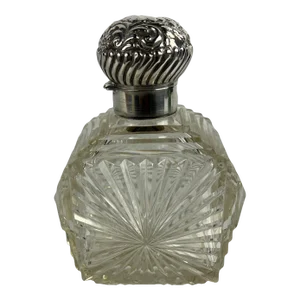 Unusual British Sterling Silver & Cut Glass Repousse Perfume Bottle