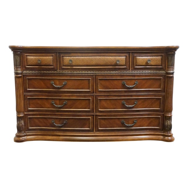 Kevin Charles Cherry Contemporary Traditional Empire Style 68" Double Dresser For Sale