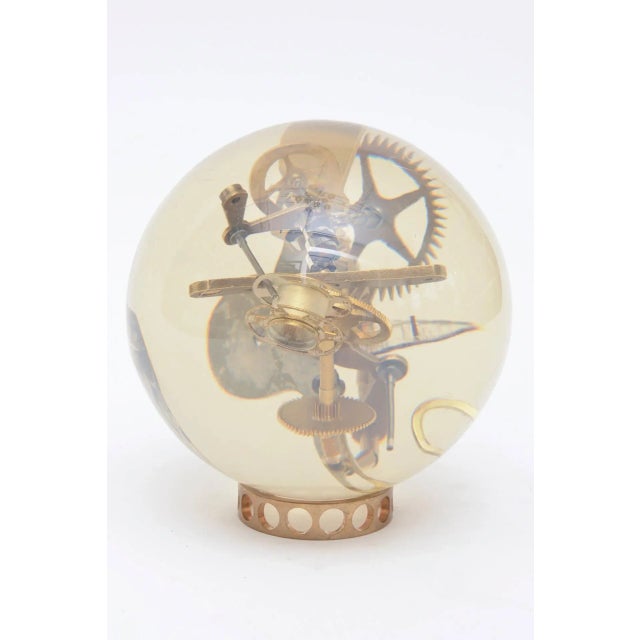 Vintage Embedded Gear and Clock Part Round Lucite Sculpture, French, 1960's For Sale - Image 4 of 9