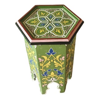 Moroccan Hexagonal Hand Painted Wooden Side Table in Green Color For Sale