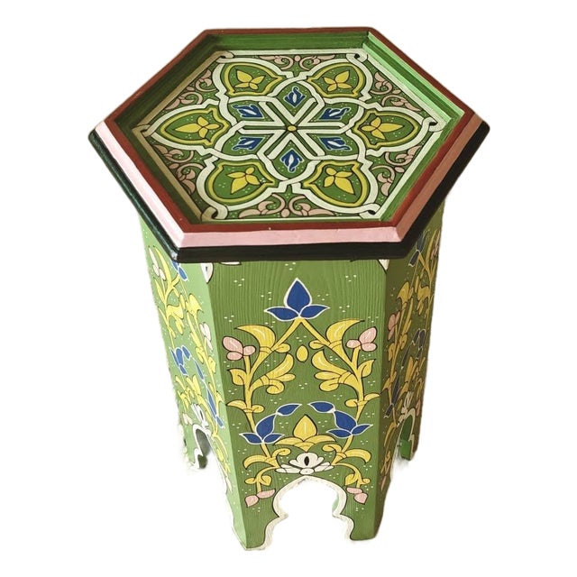 Moroccan Hexagonal Hand Painted Wooden Side Table in Green Color For Sale