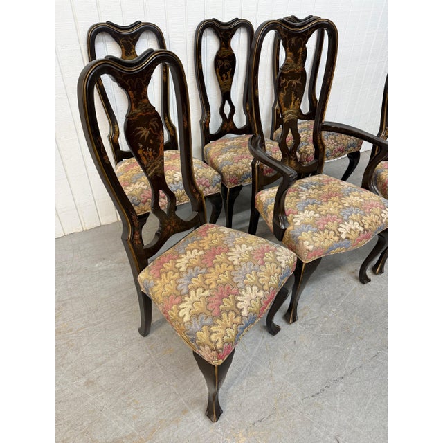 This listing is for a set of six Antique Chinoiserie Paint Decorated Dining Chairs. Featuring a chippendale style, paint...