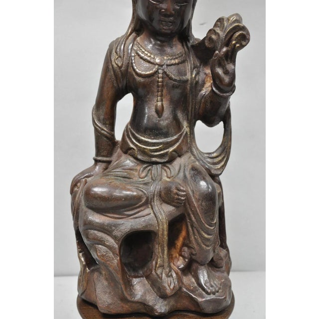 Vintage Buddhist Kuan Yin Brown Ceramic Sculpture Figure Table Lamp W/ Shade For Sale - Image 10 of 18