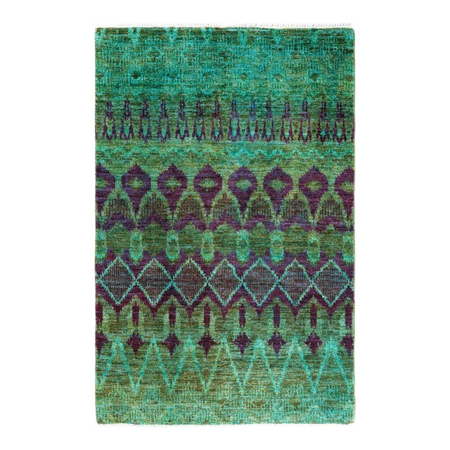 Modern, One-of-a-Kind Hand-Knotted Area Rug - Green, 4' 1" x 6' 1" For Sale