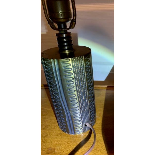 Vintage Brass Brutalist Style Pair of Lamps with Original Shades from bottom to top of shade 19 1/2" Voltage 120v Type A...