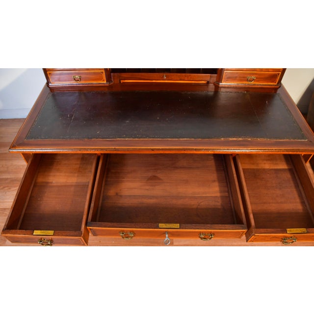1900s Antique Federal Style Inlaid Mahogany Writing Desk With Leather Top & Gallery Birmingham Desk For Sale - Image 12 of 18