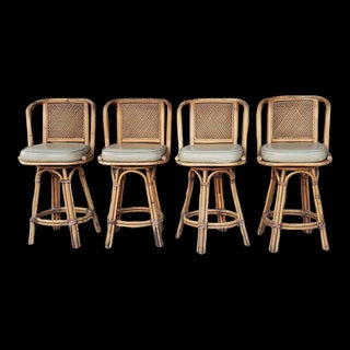 1960s Vintage Rattan Bamboo Bar Stools - Set of 4 For Sale