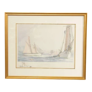 Late 20th Century William Gilkerson 'Pilot Schooner Wandervogel' Maritime Watercolor Print, Custom Framed