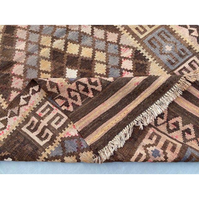 Textile Afghan Maimana Kilim Accent Rug, Handwoven Wool, 3x7, Brown & Camel For Sale - Image 7 of 8