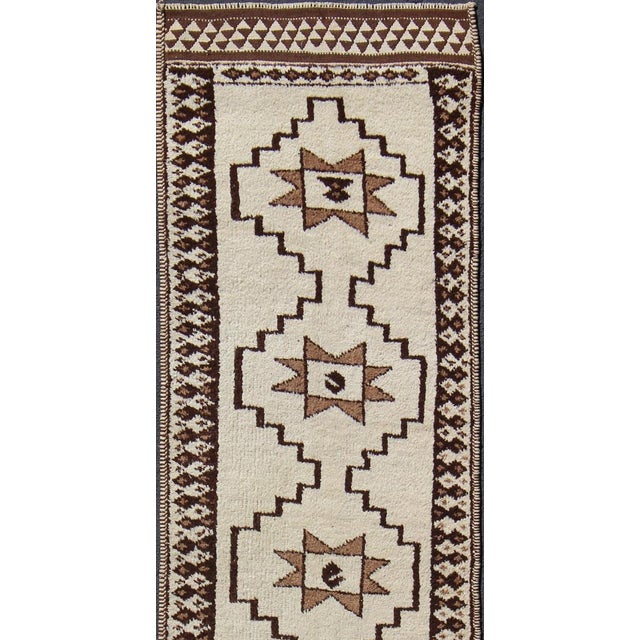 Tribal Long Runner Vintage Turkish Tulu With Modern Design in Cream, Brown 3'4 X 12' For Sale - Image 3 of 10