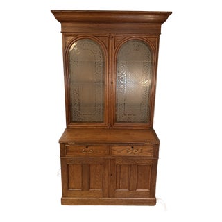 Antique American Ash Bookcase With Original Etched Glass Doors 1800s For Sale