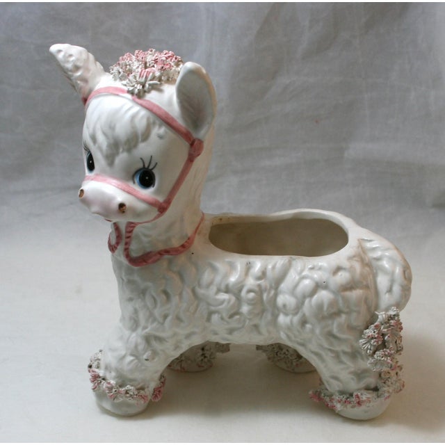 Traditional Mid Century Ceramic Baby Donkey Planter Pink & White Spaghetti Detail For Sale - Image 3 of 10