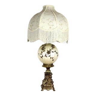1950s Accurate Casting Hollywood Regency Cherub Lamp - 37" Manganese Glass & Victorian Fringe For Sale