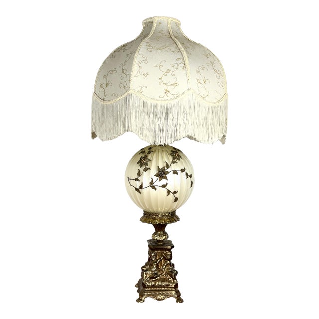 1950s Accurate Casting Hollywood Regency Cherub Lamp - 37" Manganese Glass & Victorian Fringe For Sale