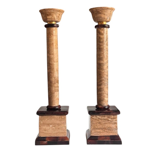 Late 20th Century Neoclassical Travertine Candlestick Holders, Pair For Sale - Image 9 of 9