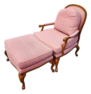 Thomasville French Provincial Louis XV Pink Damask Chair & Ottoman Set