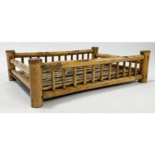 Wood Vintage Scorched Rattan Split Reed Railed Tray For Sale - Image 7 of 10