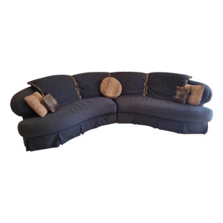 1980s Postmodern Serpentine Curved Two-Piece Sectional Sofa, Ribbed Black Upholstery For Sale