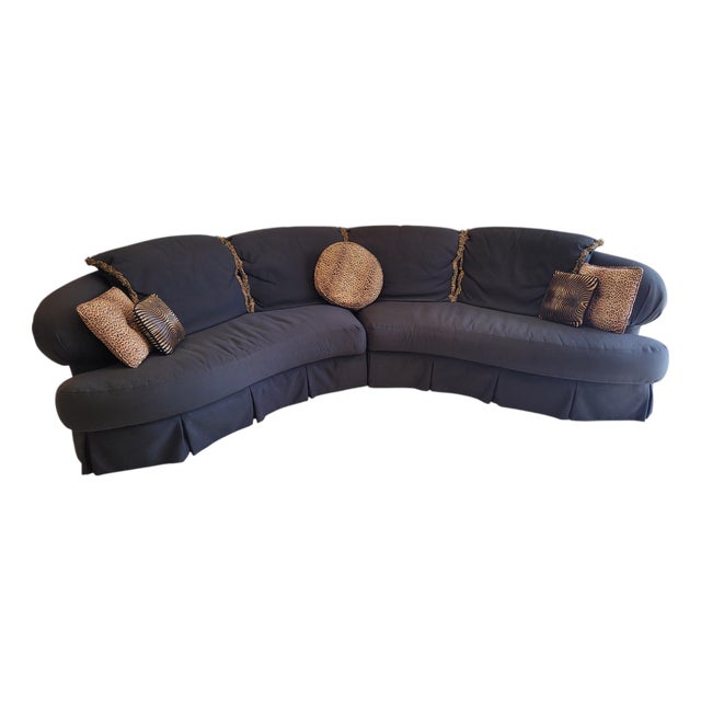 1980s Postmodern Serpentine Curved Two-Piece Sectional Sofa, Ribbed Black Upholstery For Sale