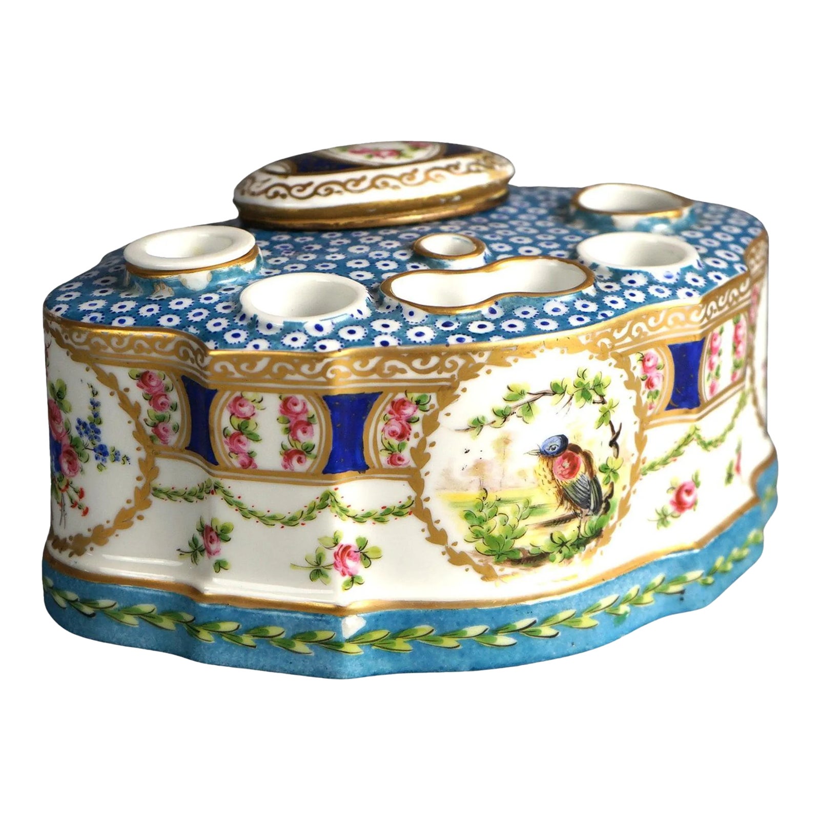 Antique Sevrés Porcelain Polychrome & Gilt Decorated Inkwell with Bird ...