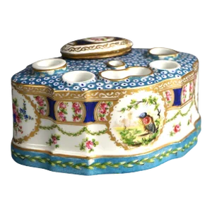 Antique Sevrés Porcelain Polychrome & Gilt Decorated Inkwell with Bird Circa 1890